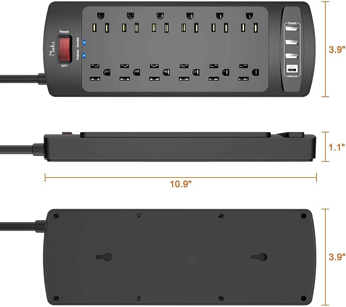 Surge Protector Power Strip, Nuetsa 12 Outlets and 4 USB Ports, 6 Feet Extension Cord for Home, Office, Dorm Essentials, 2700 Joules, ETL Listed, Black