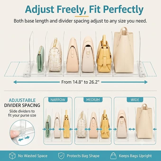 Vtopmart Adjustable Purse Organizer with Expandable Base & Sliding Dividers | 1 Extendable Base & 8 Slide-Freely Dividers, Fits Small bag, Handbags, Keeps Bag Upright & Visible, Maximize Closet Spacing