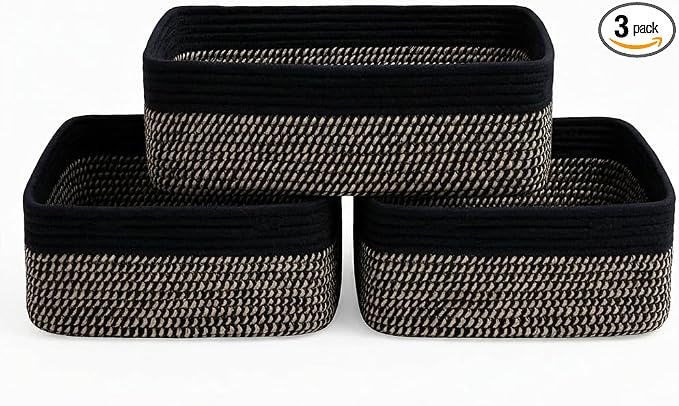 Large Shallow Basket, 15"x11"x5.1", Baskets for Organizing 3 Pack | Black Baskets for Organizing, Woven Storage Baskets for Shelves, Living Room, Nursery, Bathroom, Storage Basket Organizer