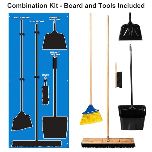 Clean & Sweep 5S Shadow Board/Wall Mount Broom Holder, 68" x 30" Board, 5S Cleaning Station - with Broom and Dustpan Set Included, Made in The USA by AccuformNMC, Blue/Black, PSB716BUBK