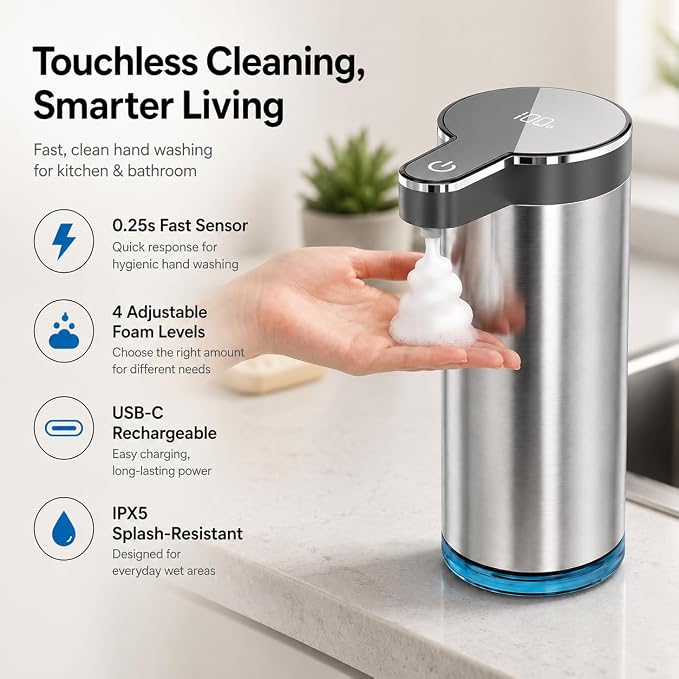 Automatic Foaming Soap Dispenser, Touchless Rechargeable Soap Dispenser for Kitchen & Bathroom, Stainless Steel, 4 Adjustable Foam Levels, USB-C, Waterproof, 12oz/350ml