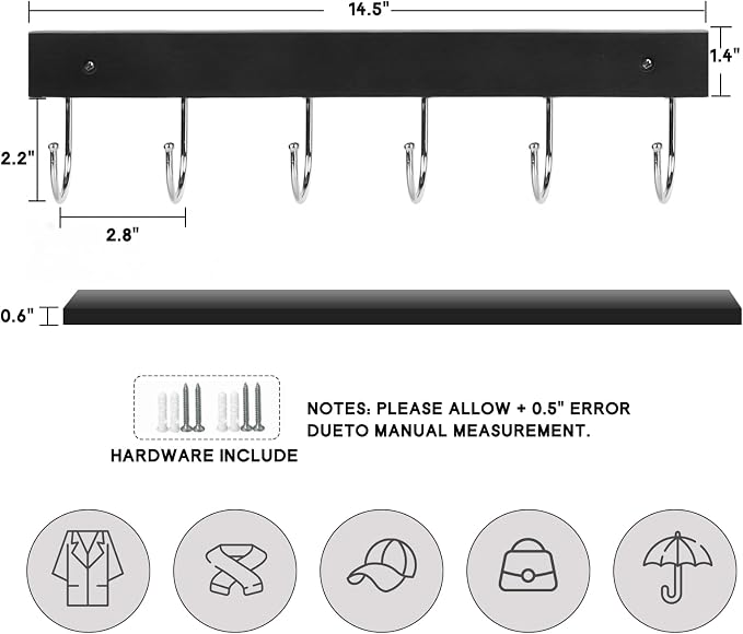 2 Pack Coat Rack Wall Mount with 12 Rotating 180° Coat Hooks, 14.6" Rustproof Wooden Entryway Organizer, Wall Hooks for Hanging Coats, Purse, Hats, Jackets, Towels, Space Saving Hanger (Black)