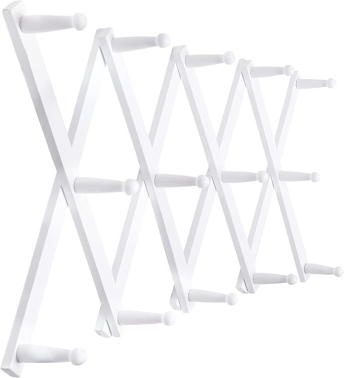SKOLOO Hat Rack for Wall with 14 Hooks, Solid Wooden, Modern, Expandable Coat Rack Wall Mount for Coats, Hats, Bags, Baseball Caps, White