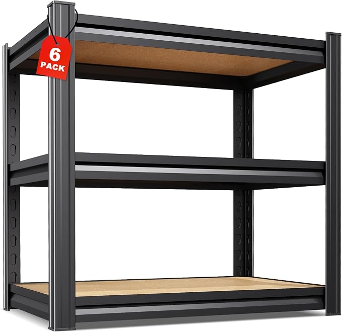 Set of 6 Garage Shelving,3 Tier Garage Storage Shelves,Adjustable Heavy Duty Metal Shelving Units and Storage Large Rack,Utility Steel Shelf For Shop Warehouse Industrial Pantry Basement 33"x35"x16"