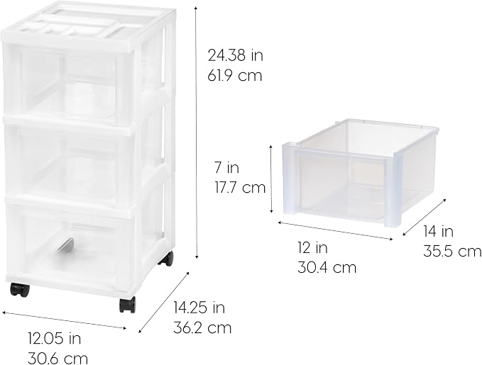 IRIS USA 3-Drawer Rolling Storage Cart, White/Clear | Keep craft supplies, office essentials, classroom items, and accessories organized with easy-access drawers for daily use