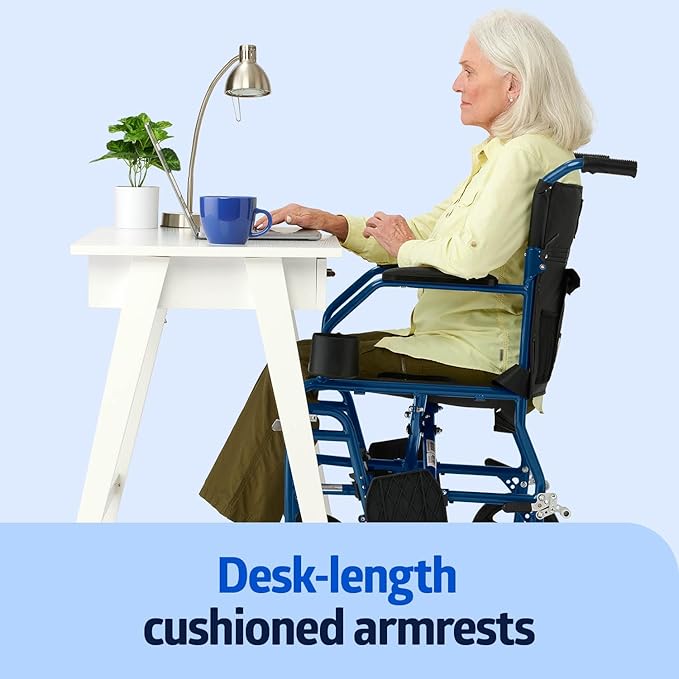 Medline Ultra Lightweight Transport Wheelchair for Adults and Elderly, Foldable, 19-Inch Seat Width, Blue Frame, Black Upholstery, 300 lb Capacity