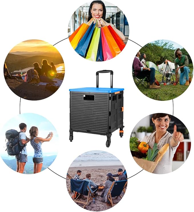 FELICON SELORSS Foldable Utility Cart Folding Portable Rolling Crate Handcart with Heavy Duty Telescoping Handle Collapsible 4 Rotate Wheels for Travel Shopping Move Luggage Office Use(Black+Blue)