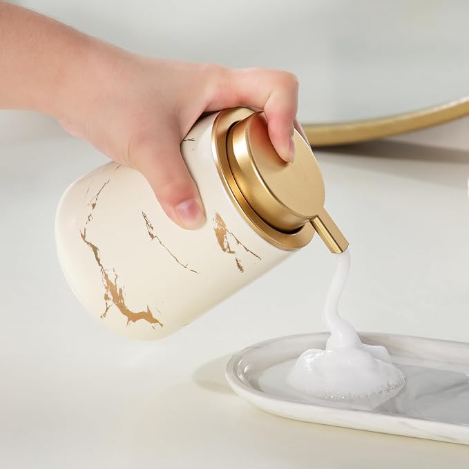 Enra Ceramic Foaming Soap Dispenser -12oz Modern Foam Gold Hand Soap Dispenser Bathroom, Refillable Dish Wash Soap Bottle for Kitchen with Large Pump(Gold Foam Type-Beige)