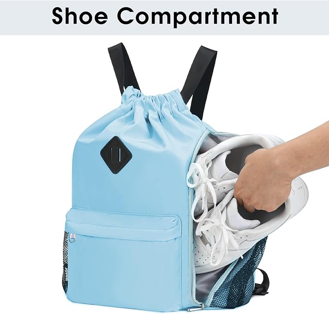WANDF Drawstring Backpack with Shoe Compartment, Sports Gym Bag | Multi-Pocket Storage, Water-Resistant Fabric, Cinch String Bag