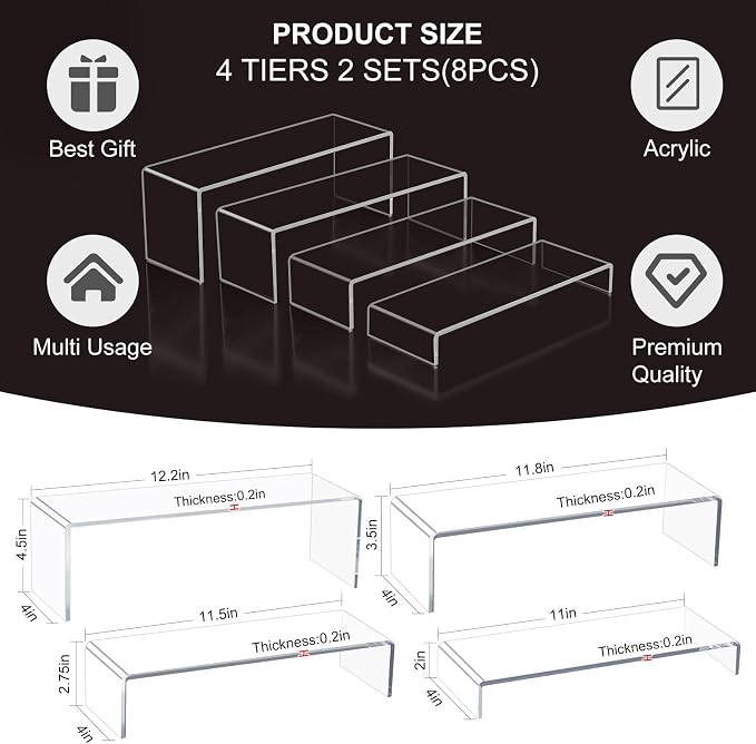 Acrylic Display Riser Stand, 12" 8Pc 5mm Tiered Shelf Risers for Cupcake | Clear multi-size plastic steps rack matching perfume, jewelry, pop collectibles. Stackable food buffet table setup