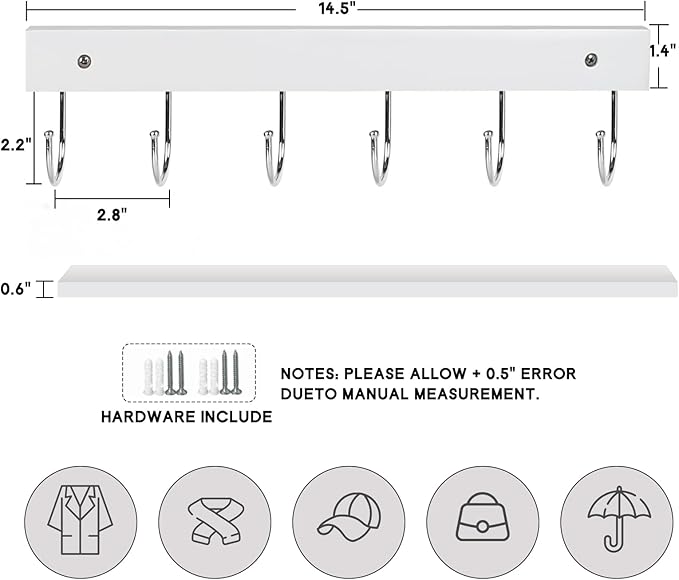 2 Pack Coat Rack Wall Mount with 12 Rotating 180° Coat Hooks, 14.6" Rustproof Wooden Entryway Organizer, Wall Hooks for Hanging Coats, Purse, Hats, Jackets, Towels, Space Saving Hanger (White)