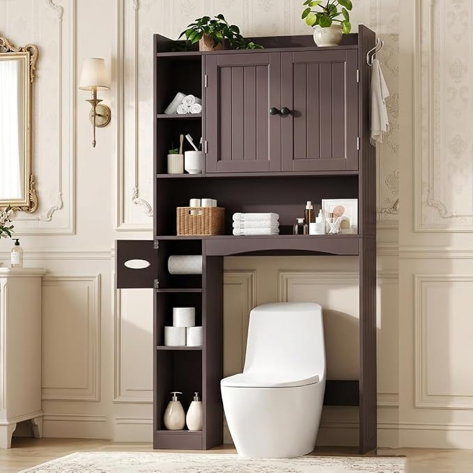 Gizoon Over The Toilet Storage Cabinet, 66''H Over Toilet Storage Cabinet, with Paper Holder, Adjustable Shelves, 2 Doors, Over Toilet Bathroom Organizer, 2 Side Hooks, Space-Saver, Dark Brown