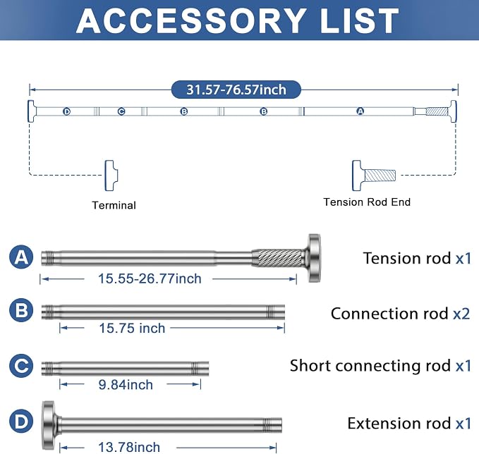 Tension Curtain Rod 32-76Inch Adjustable Curtain Rod Silver Tension Rod Spring Curtain Rods no Drilling Shower Curtain Rods for Bathroom,Windows,Closets,Doorway