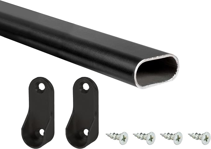 Outwater 48 Inch Black Aluminum Oval Closet Rod Kit, 1-3/16 Inch x 19/32 Inch Profile, Includes Matching Screw Mount Supports and Mounting Screws, Pack of 10