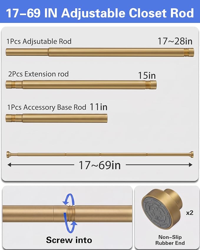 Closet Rod, No Drill Tension Closet Rod for Hanging Clothes, 17-69in, Gold | Quick Tool-Free Install, Non-Slip Rubber Ends Grip Securely, Heavy-Duty Rod Supports Up To 66 lb In Closet, Laundry Rooms, RV