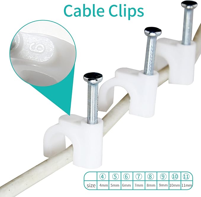 Bonsicoky 6mm White Nail Cable Clips, 100Pcs | Steel Nail, Cable Wire Management, For Ethernet Cable, For Telephone Cable, For TV Wire Cable