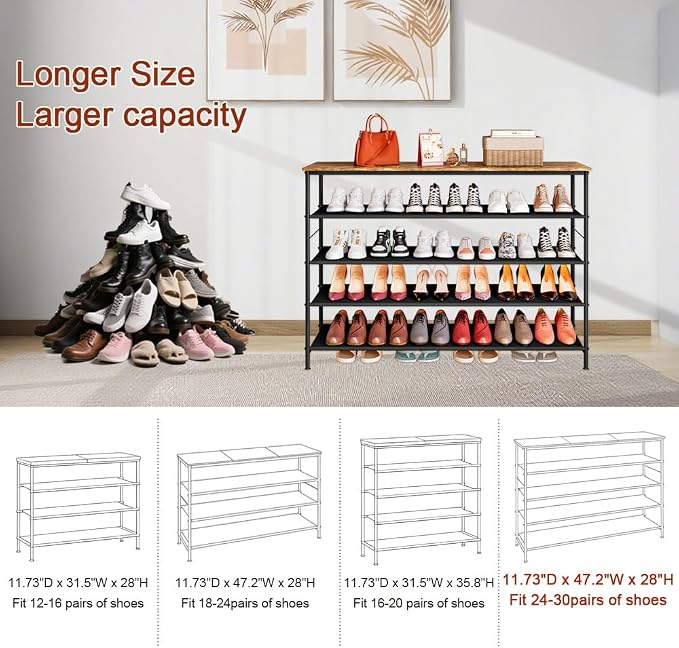 INGIORDAR 5 Tier Long Metal Shoe Rack Storage Organizer for Closet Entryway | Spacious design Shoe Shelf stores 30 Pairs of Shoes for Closet Entryway Bedroom Living Room Garage Black+Rustic Brown