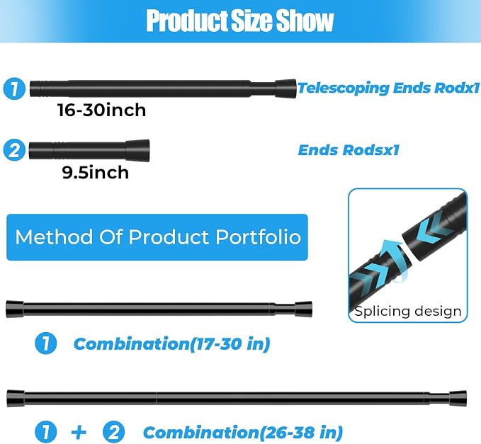 Spring Tension Curtain Rods 26-38 Inch Black 1 Pack | No-drill & tool-free setup. Fits windows, kitchens, doorways. Rust-resistant, great for light curtains.