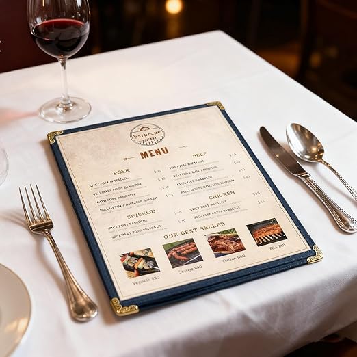 Goodsmart Restaurant Menu Covers – 25 Pack Blue 2-View, Top-Loading Menu Holders, Vinyl & Plastic Café Menu Covers, Clear Menu Sleeves, Fits 8.5" x 11", Leather-Style Design, Gold Corners