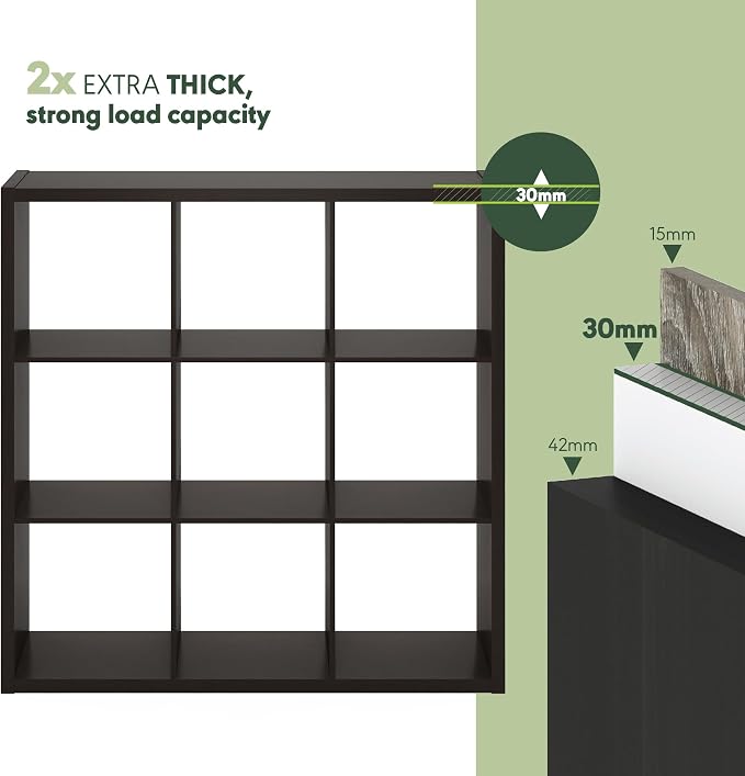 Furinno CUBICLE 9-Cube Book Shelf, Extra Thick Frame Bookshelf, Dark Oak | 14.6" x 44" x 44", Reversible Bookcase with Open Back, for Living Room, Bedroom, Home Office