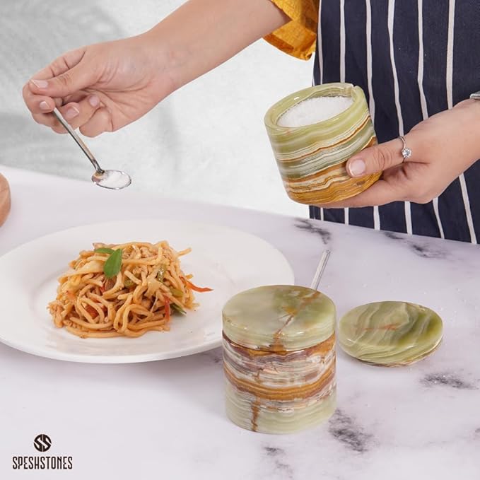 Marble Salt Cellar 3 Inch Green Salt Shakers Set for Kitchen, Salt Containers for Countertop, Sugar Bowl With Lid, Salt Holder, Spice Jars for Seasoning Storage, Salt Box