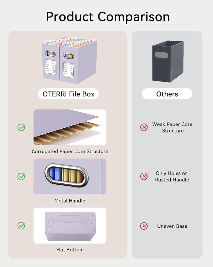 Oterri File Organizer Box, Portable Collapsible Cardboard File Folder Organizer with Handle for Letter Size Hanging Files, Document Storage Box for Home Office & Classroom (8 Packs, Purple)