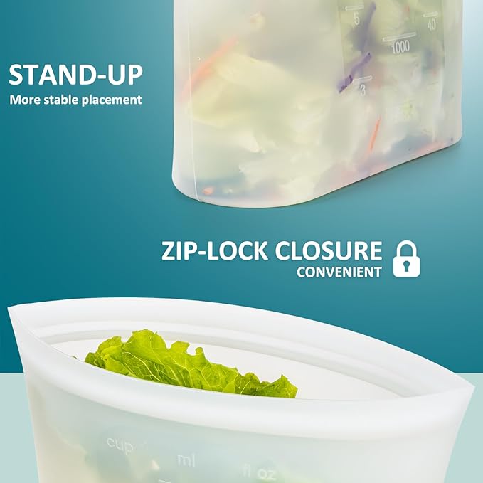 Large Reusable Silicone Food Storage Bags 4 Pack, 0.52 Gallon/2000ml, 100% Silicone Stand-Up Wide-Open Zip-Lock Reusable Bags for Large Items, Microwave Freezer Oven Dishwasher Safe, Translucent