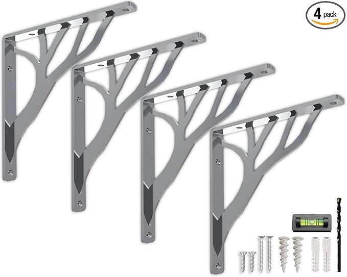 Rustic Tree Chrome Heavy Duty Shelf Brackets 10 inch by Balin Designs, Silver Decorative L Brackets, Iron Metal Floating Shelf Bracket, Wall Mount Shelving Bracket, Included Hardware, Set of 4