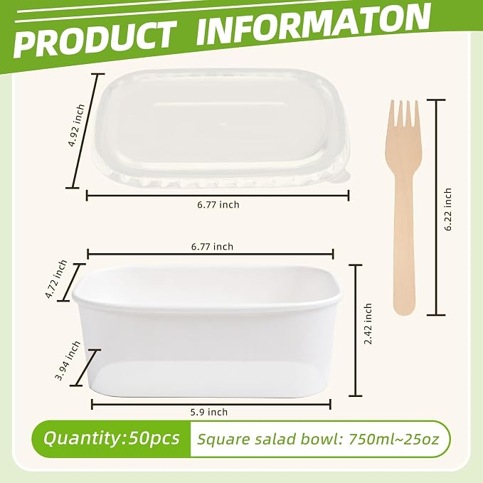 50 Pack 29 oz Paper Food Containers with Lids, Meal Prep Containers Disposable Large Paper Bowls, Microwavable and Freezer Storage Use Cardboard Food Containers (White)