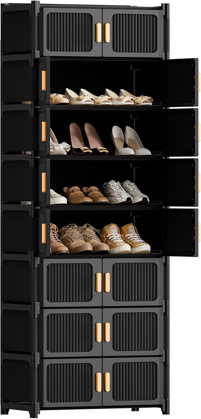 Shoe Rack, 9 Tier Shoe Storage Cabinet with 8 Doors, 27 Pair Plastic Shoe Cabinet with Waterproof, Outdoor Shoe Shelves Organizer for Entryway, Bedroom, Hallway,Living Room, Black
