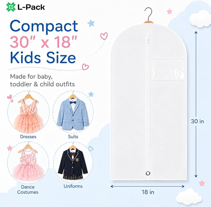 Kids Garment Bag with Clear Window, Hanging Clothes Storage Cover for Dresses, Suits & Dance Costumes, Breathable Travel Bag for Baby Toddler Child, 30" x 18", White, Pack of 1