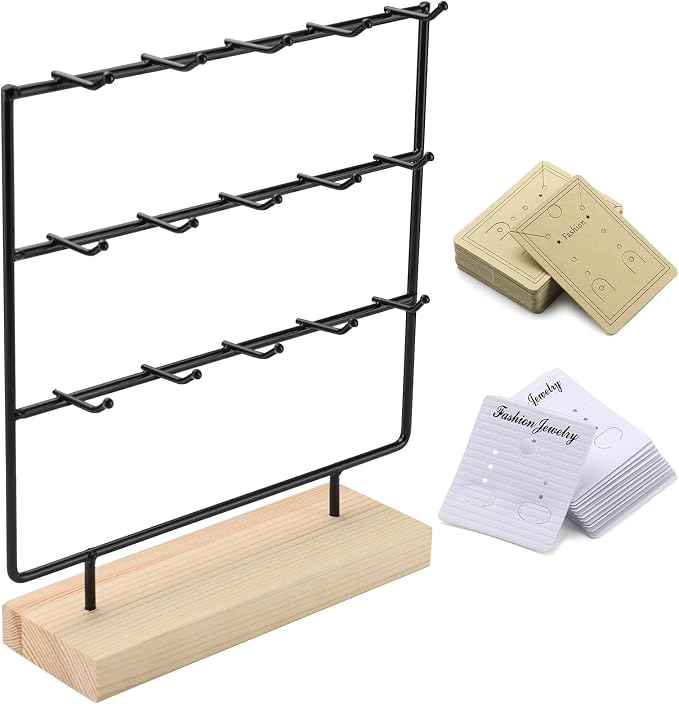 Earring Display Stands for Selling, 3 Tier 15 Hooks Wood Jewelry Organizer Rack for Earrings, Necklaces, Rings, Bracelets, Keychains - Compact for Countertop, Boutique, Trade Shows (Black)