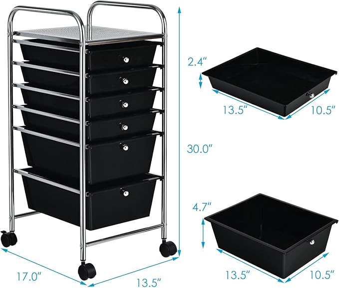GOFLAME 6-Drawer Rolling Storage Cart, Multifunctional Art Craft Organizer, Mobile Utility Storage with Removable Drawers & Lockable Wheels, Craft Cart for Home Office, School, Black