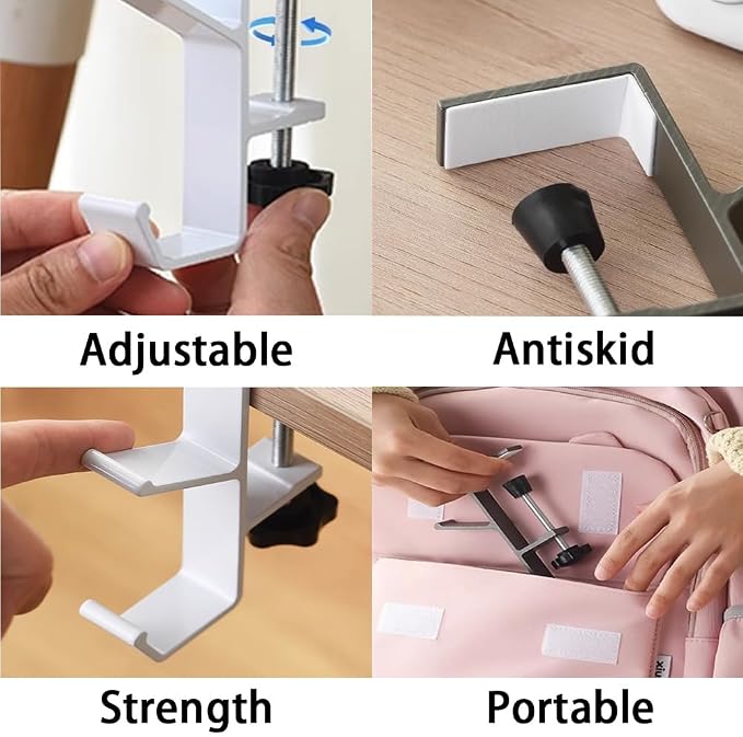 3 Pack Desk Bag Hook, Metal Hook Clamp (White-A) | Under Desk Mount Bag Hook Clamp, Desk Hook for Headphones, Backpack Hooks Clamp