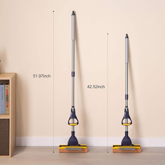 Yocada Sponge Mop Home Commercial Use Tile Floor Bathroom Garage Cleaning | Total 2 Sponge Heads NOT 3 Telescopic Handle Squeegee from 42.5 to 52 Inches Easily Dry Wringing only 2 Heads
