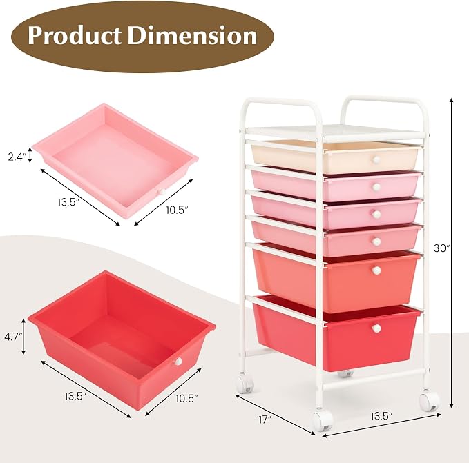 GOFLAME 6-Drawer Rolling Storage Cart, Multifunctional Art Craft Organizer Cart, Mobile Utility Storage Cart with Removable Drawers & Lockable Wheels, Craft Cart for Home Office, School, Pink