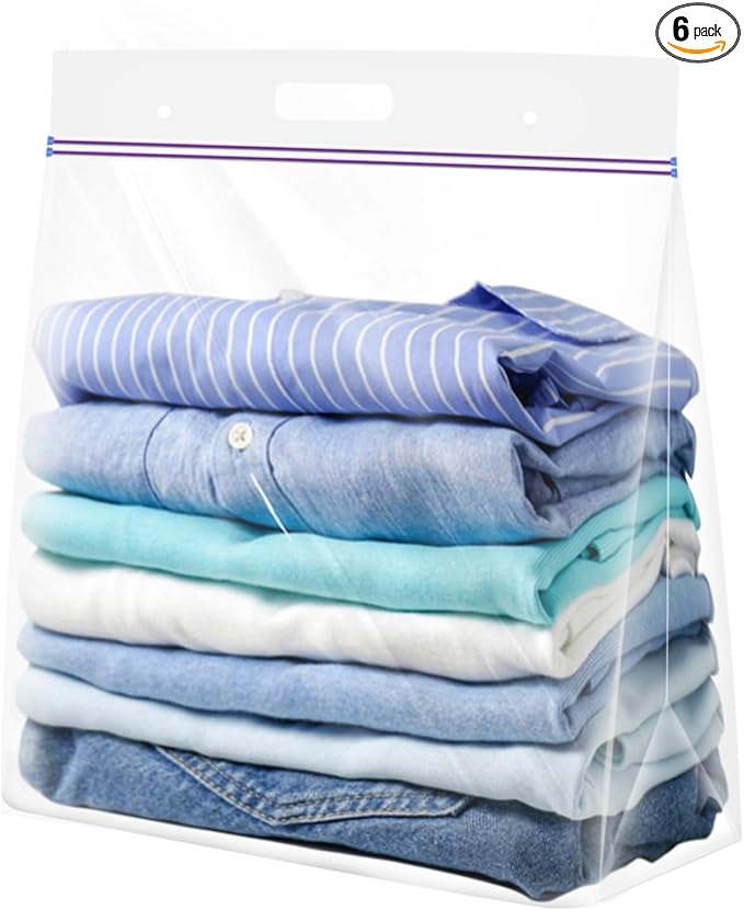 Zipper Storage Bags with Handle and Bottom, Pack of 6, 3 Gallon Heavy Duty Clear Handy Plastic Bag, 16"x18" Reusable Large Zip Storage Bag for Sports, Travel, Moving and Clothes, 3-Mil Thick