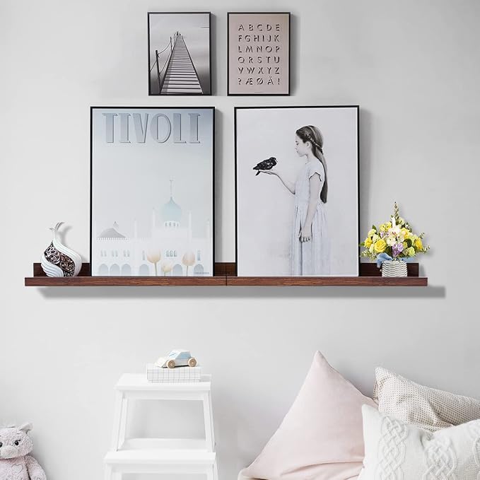 AZSKY Floating Book Shelves Wall Mounted Photo Shelf Picture Ledge Deep Walnut Display Shelves for Home Living Room Bedroom Bathroom Office Set of 2