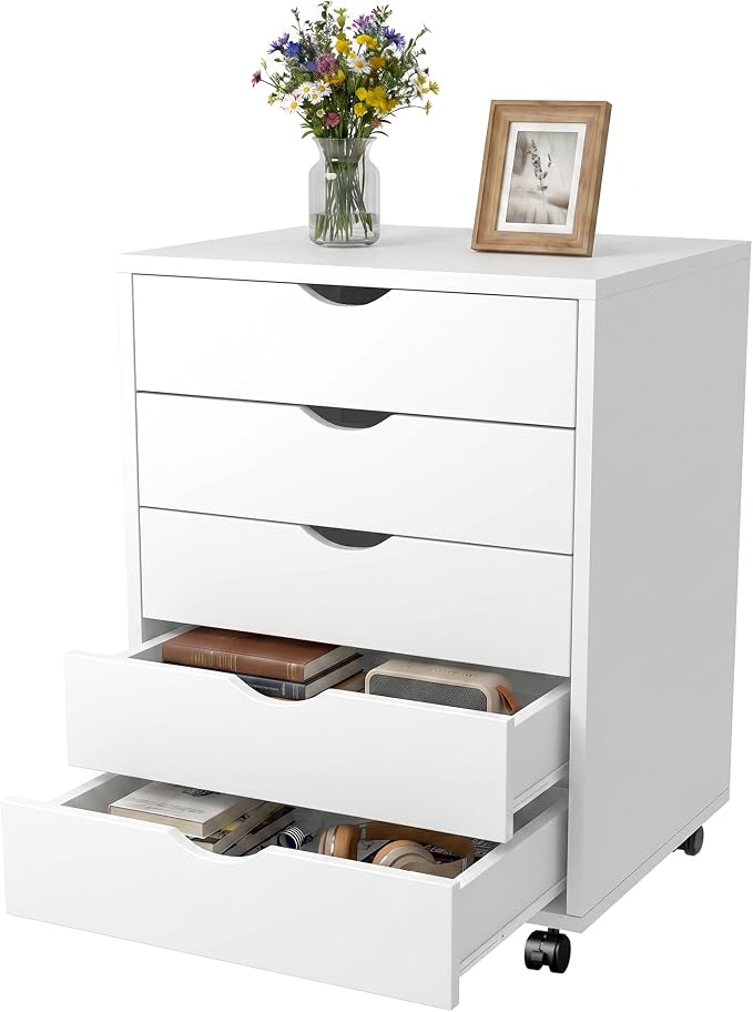 5 Drawer Rolling Storage Cabinet, Mobile File Cabinet for Office, White | Rolling Storage Cabinet with 5 Drawers for Desk Drawer Organization, Home Office Storage and Printer Stand