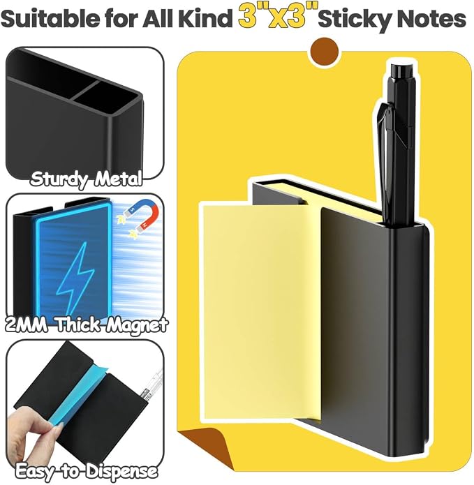 2Pcs Sticky Note Dispenser, Magnetic Sticky Note Holder for Post It Notes, 3 x 3 Inch Sticky Note Pen Organizer for Office Home Classroom, Black