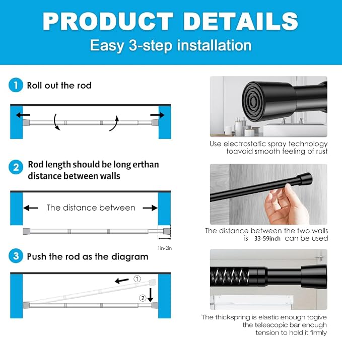 2 Pack Spring Tension Rods 33-59 Inches, 5/8 Inch Diameter Black No Drill Spring Loaded Adjustable Extendable, Small Short Tension Curtain Rod for Windows Kitchen Doorway Closet Cupboard