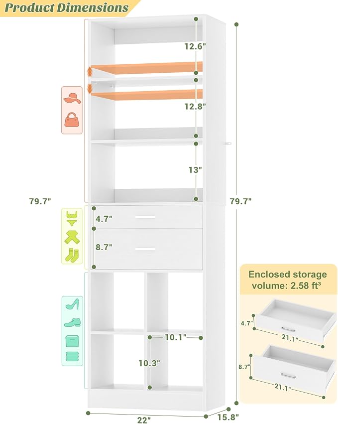Besiost 22" Closet System with Drawers, Small Closet Organizer for Walk in Closet, Wardrobe Storage Unit with Storage and Shelves, White