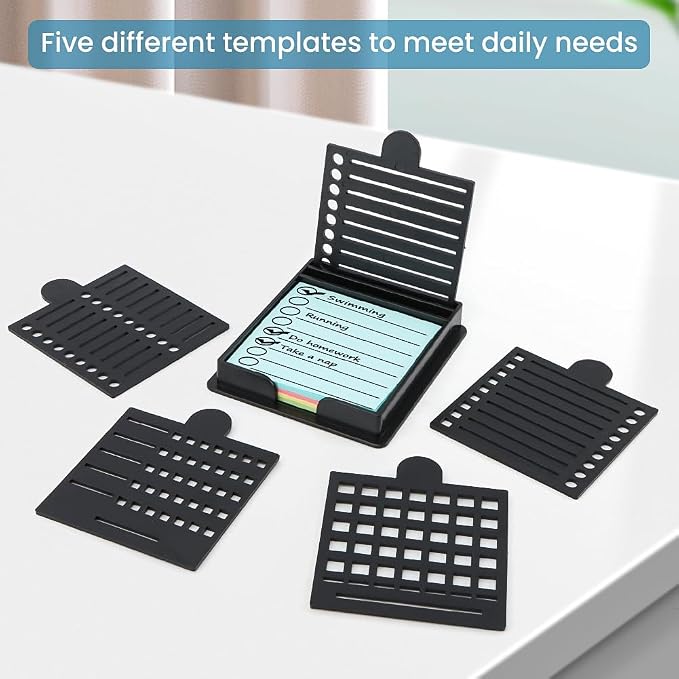 Sticky Note Holder with 5 Different Stencil & 100 Sheet Post It Notes, 3x3 inch Sticky Pads Dispenser with Line Box Drawing Template for Office and Home(COLOR:black)
