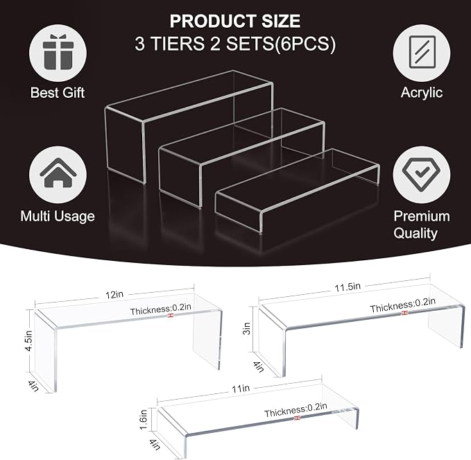 Acrylic Display Riser Stand,12" 6Pc 5mm, Tiered Shelf Risers for Cupcake | Clear multi-size plastic steps rack matching perfume, jewelry, pop collectibles. Stackable food buffet table setup