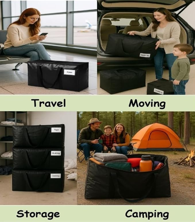 XL Moving Bag – 27"×14"×15.5" (25.4 Gal) Heavy-Duty Collapsible Storage Tote Zipper Lid & Tag Pocket — 4-Pack for Moving, College/Dorm, Laundry & Gym