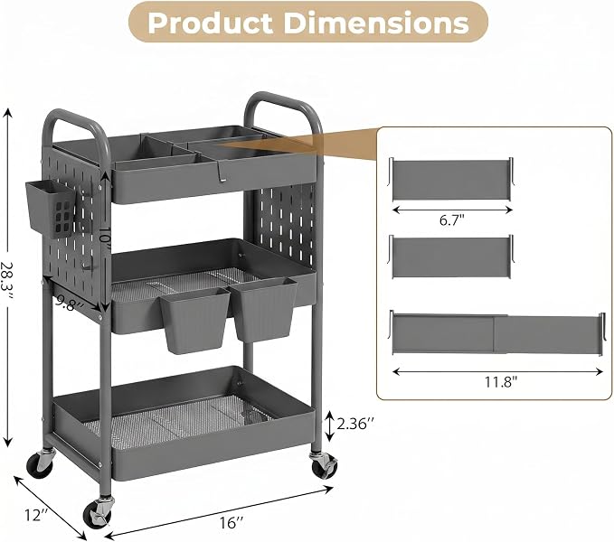 danpinera 3 Tier Rolling Cart with Retractable Dividers, Multi-Functional White Rolling Utility Cart with Pegboards, Hooks & Hanging Cups for Nursery, Living Room, Studio