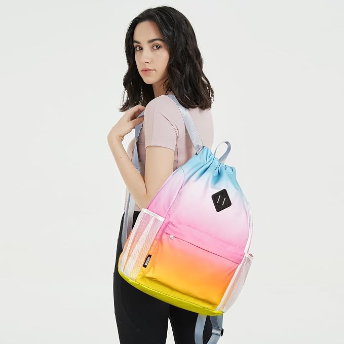 WANDF Drawstring Backpack with Shoe Compartment, Sports Gym Bag | Multi-Pocket Storage, Water-Resistant Fabric, Cinch String Bag