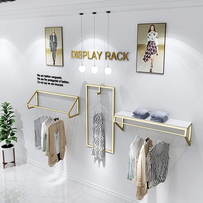 Modern Simple Men's and Women's Clothing Store Heavy Duty Metal Display Stand,Wall-Mounted Garment Rack with Wood,Clothes Rail,Bathroom Hanging Towel Rack (Gold Square Tube, B-59 L)