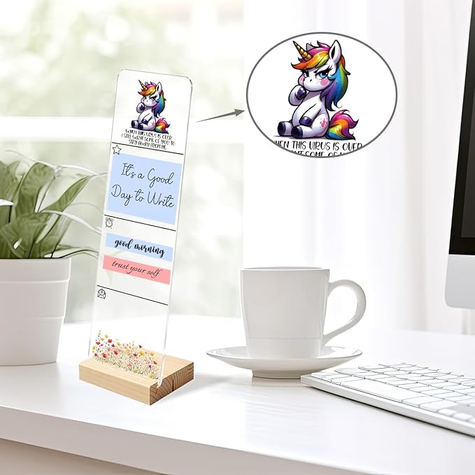 Sticky Note Holder, Monitor Memo Board, Acrylic Post It Note Holder with Wooden Base, Includes 200 Notes, Desk Organizer, Funny Unicorn Quote “When This Virus is Over”