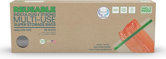 Smelly Proof Reusable Food Storage Bags, Reusable Freezer Bags, MADE IN USA, Dishwasher-Safe, BPA FREE, NO PEVA, XL 3-mil, Extra Large Clear FLAT 10.5" x 12" GALLON, 15-Pack